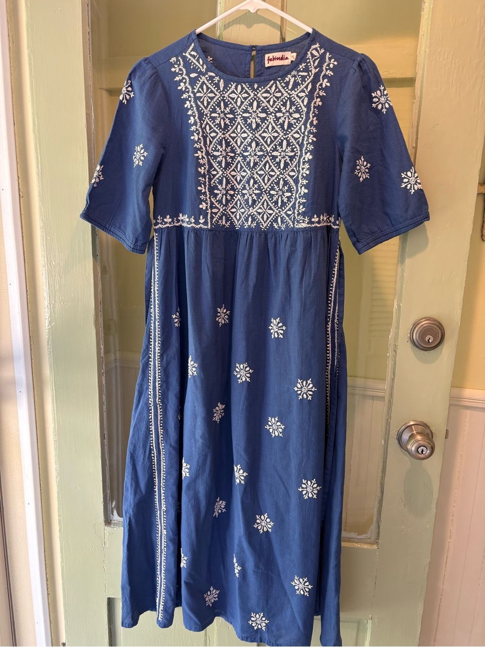 Fablindia XS  Blue Embroidered Cotton Women’s  Dress NWT